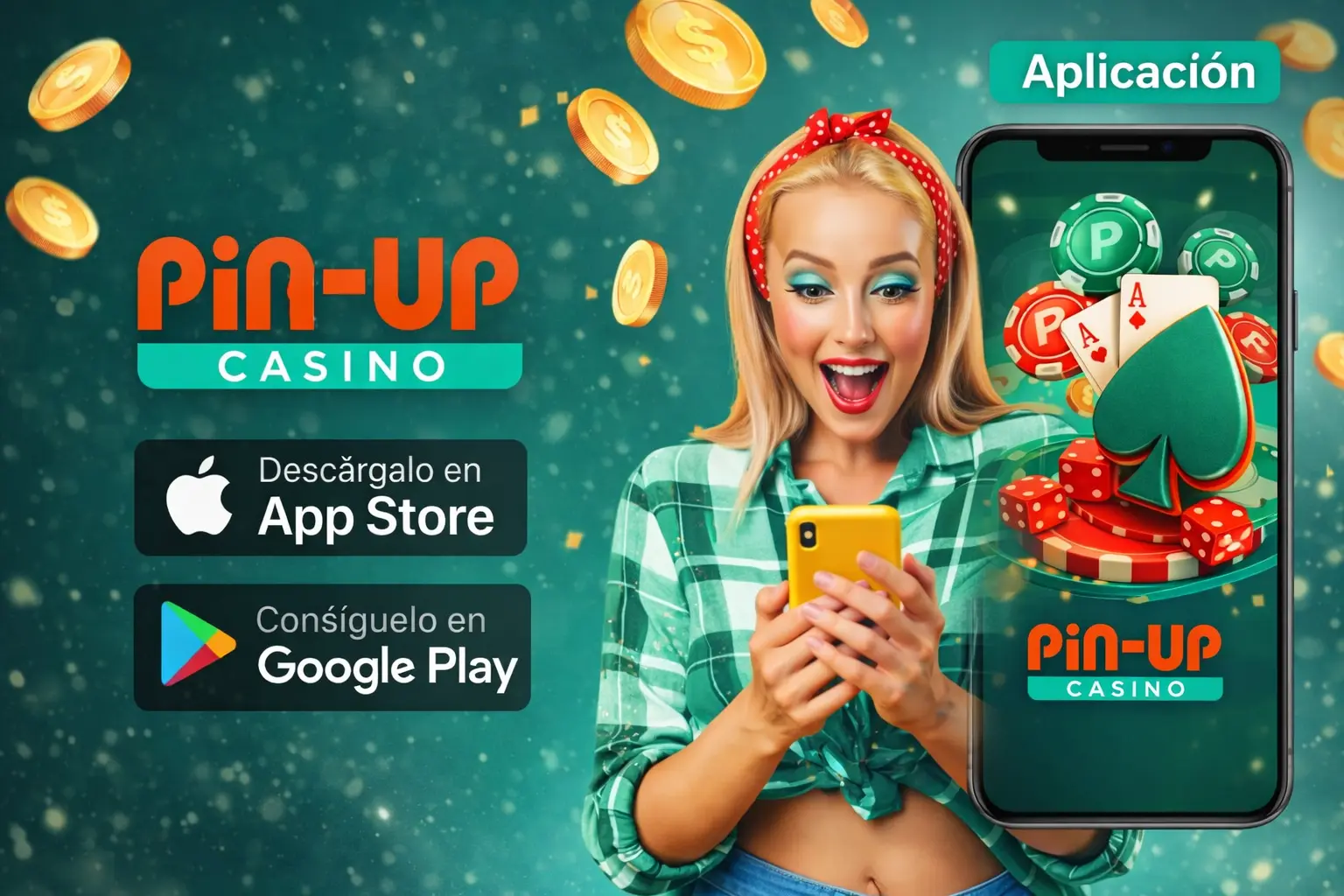 Mujer rubia con móvil y app de casino.